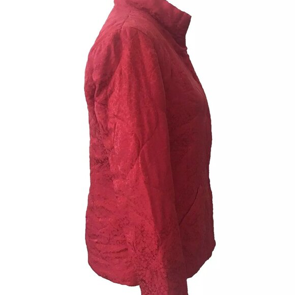 J.Jill Red Silk Blend Satin Jacquard Quilted Jacket Snap front Pockets - Picture 2 of 12
